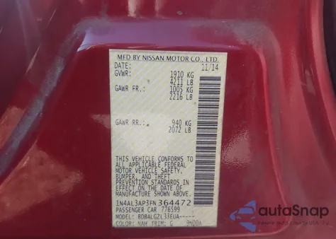 2015 Nissan Altima 2.5/2.5 S/2.5 Sl/2.5 Sv z USA, uszkodzony, nr VIN 1N4AL3AP3FN364472